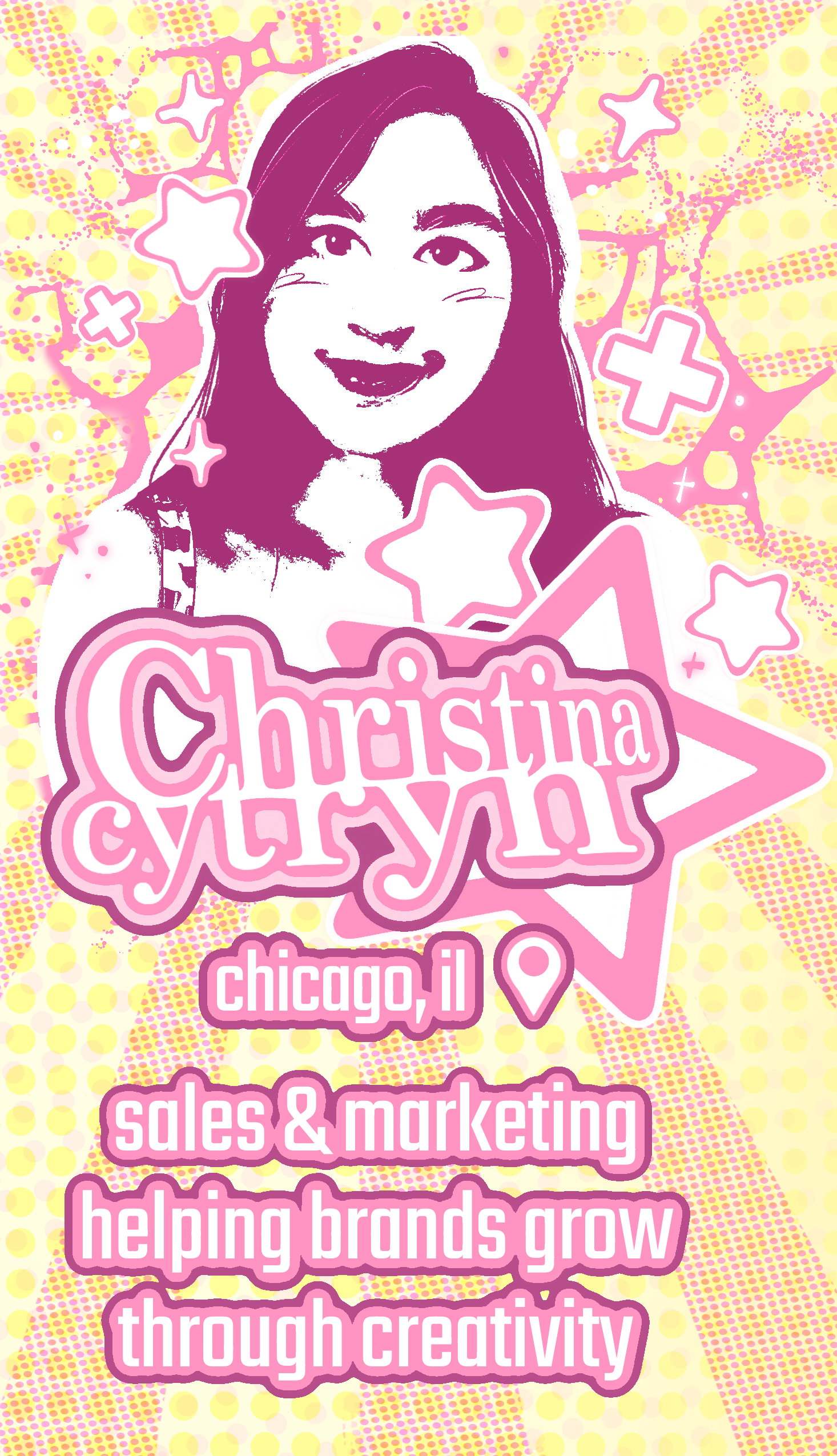Retro-style illustrated portrait of Christina Cytryn with her name, Chicago location, and sales and marketing tagline